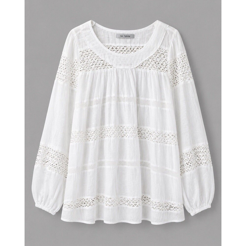Ces Femme Shirt Womens Small White Lace Boho Peasant Long Sleeve Top Blouse